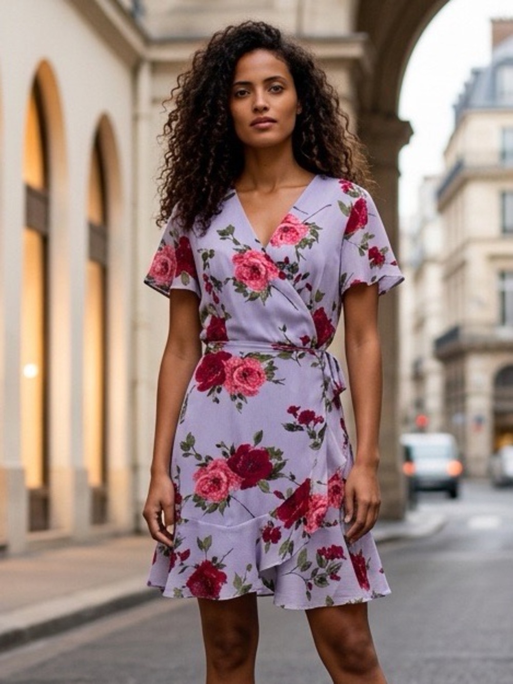 All in Favor Lavender Floral Faux Wrap Ruffle Hem Mini Dress Size Small